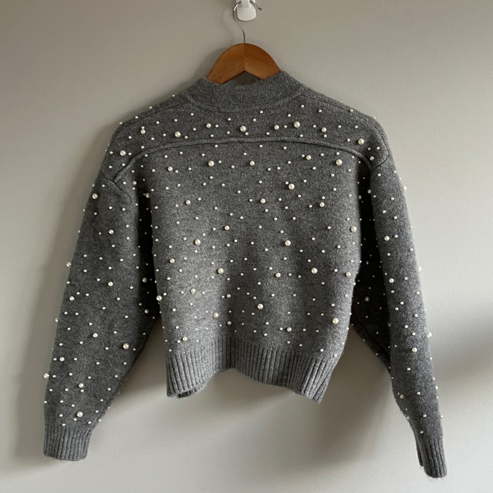 Zara Gray Pearl Trim bomber Cardigan size small - Picture 7 of 9